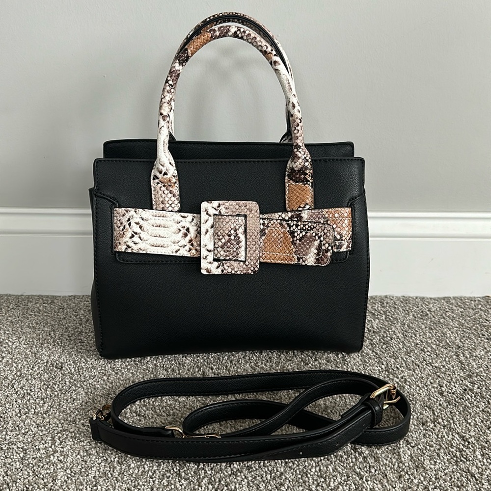 Black handbag with animal print detail